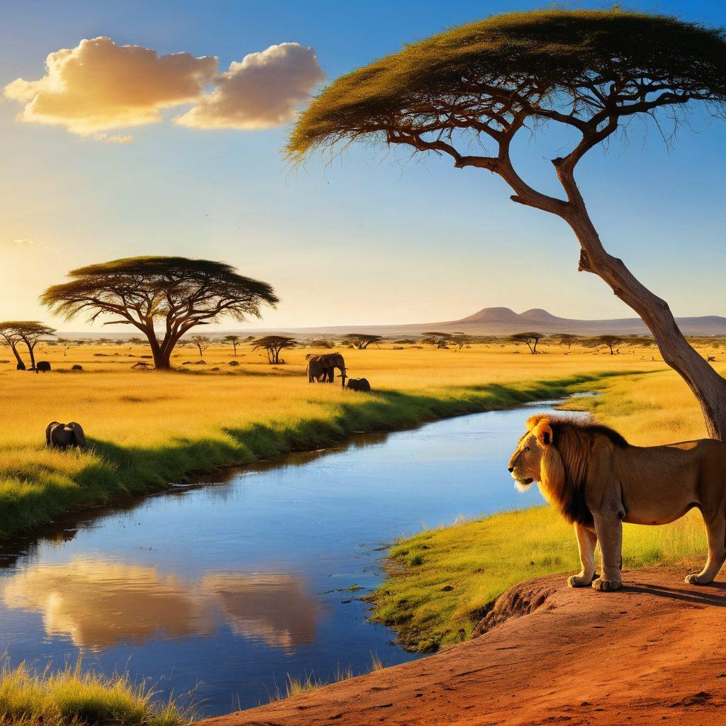 A breathtaking panorama of the Serengeti National Park featuring vast golden grasslands and acacia trees under a brilliant blue sky. In the foreground, a majestic lion rests beside a watering hole, while a herd of elephants gracefully strolls in the background. Colorful birds soar overhead, adding vibrant hues to the scenery. The essence of wildlife safari is captured with off-road vehicles in the distance, emphasizing adventure. painting. vibrant colors. super-realistic.