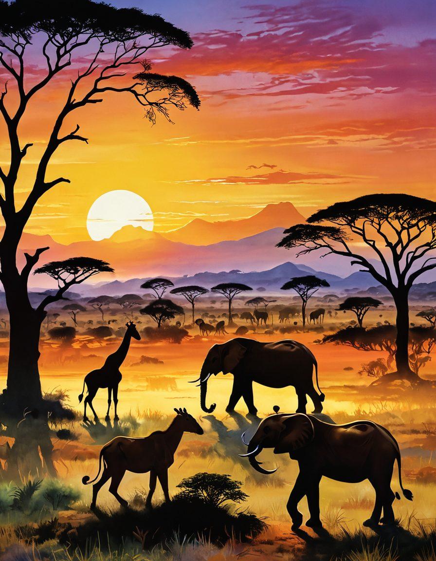 A vibrant illustration showcasing the diverse wildlife of Serengeti National Park, featuring a majestic lion on the savannah, graceful giraffes against a sunset sky, and playful elephants near a watering hole. In the background, a lush landscape dotted with acacia trees and a distant silhouette of Mount Meru. The scene captures the essence of biodiversity and conservation efforts, with subtle hints of human interaction, like conservationists observing from a distance. painting. vibrant colors.