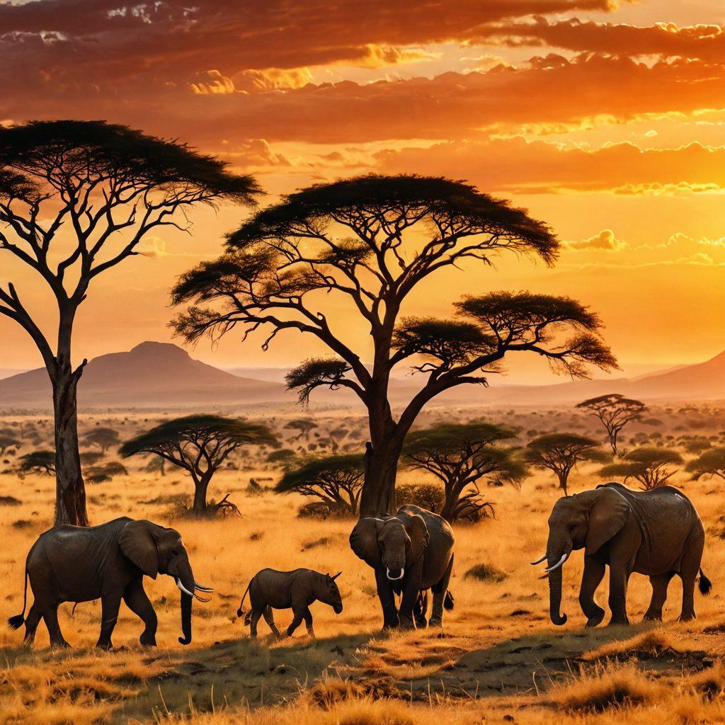 A stunning panorama of the Serengeti, showcasing the Big Five animals—lion, elephant, buffalo, leopard, and rhino—interacting in their natural habitat. The foreground features a vibrant sunset casting warm hues over the vast savannah, dotted with acacia trees. In the background, rolling hills stretch into the distance, symbolizing the breathtaking landscapes that await. Capture the essence of adventure and wildlife in this vibrant scene. super-realistic. vivid colors. cinematic aspect ratio.